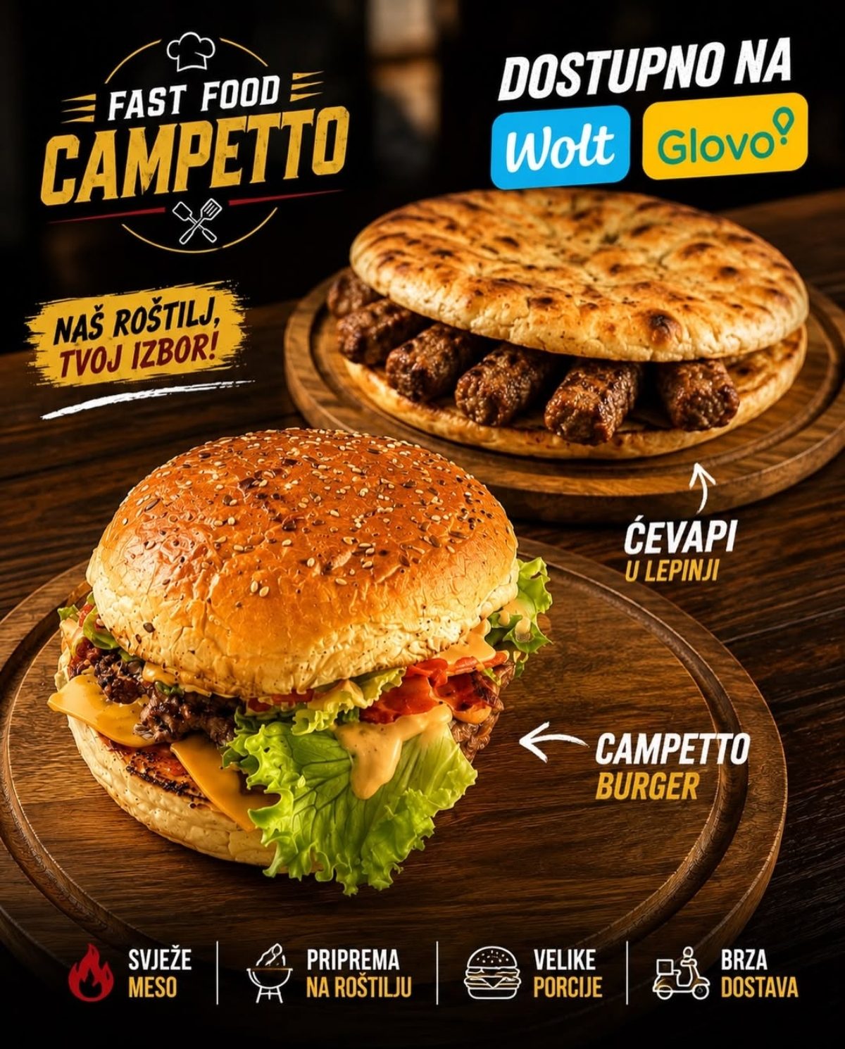 Burger i ćevapi u lepinji na drvenoj podlozi — roštilj iz Campetta